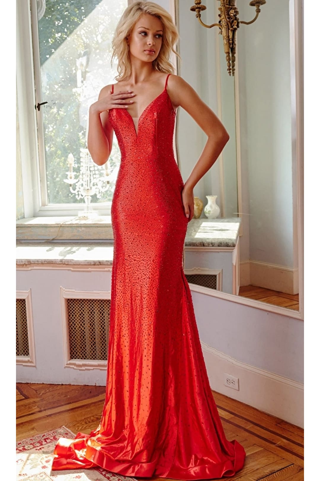 Jovani Cut-Out-Back Long Beaded Prom Dress 08157 - Red / Prom