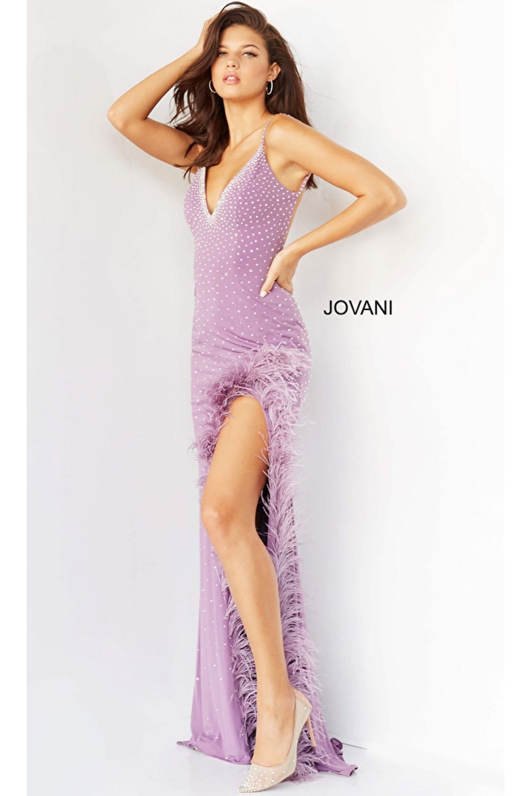 Jovani Feather-Trim Long Beaded Prom Dress 08283 - Lilac / Prom