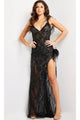 Jovani Feather-Trim Long Sequin Prom Dress 09879 - Black/Nude / Prom