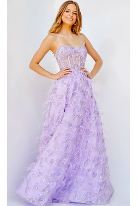 Jovani Feathered Long Sequin Prom Dress 24078