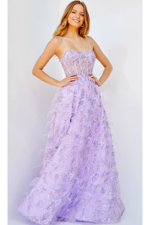 Jovani Feathered Long Sequin Prom Dress 24078 - Lilac / Prom