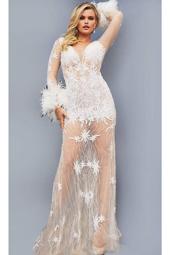 Jovani JB07527 - Illusion Sleeve Prom Dress with Ornate Detailing - Prom