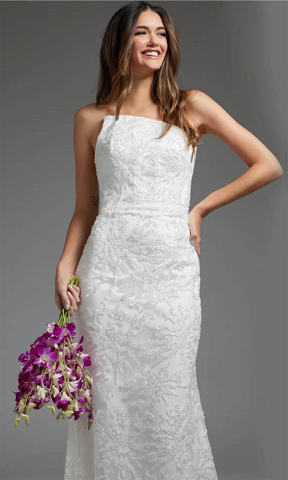 Jovani JB40608 - Asymmetric Bridal Gown Featuring Allover Beading - Prom