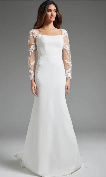 Jovani JB42297 - Square Neck Bridal Gown with Leaf Appliques - Prom