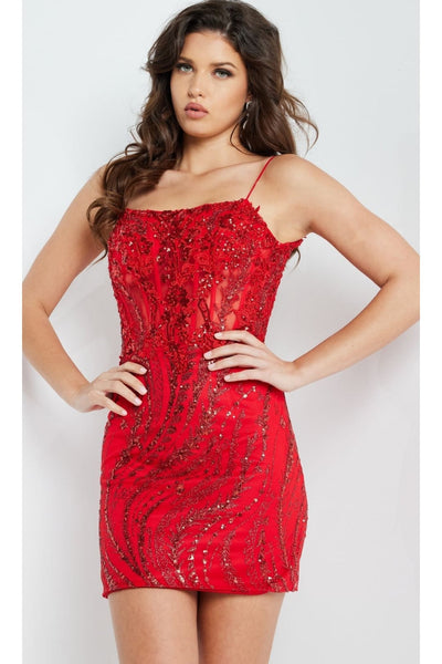 Jovani Lace-Up Short Red Beaded Party Dress 26183 - Apparel & Accessories > Clothing > Dresses