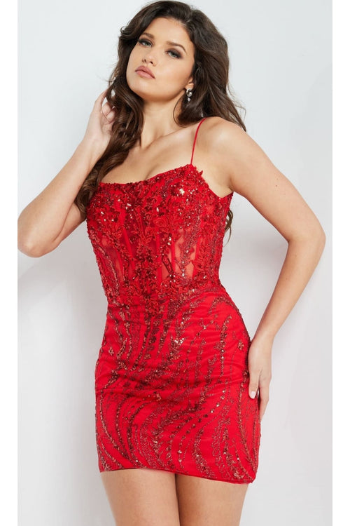 Jovani Lace-Up Short Red Beaded Party Dress 26183 - Apparel & Accessories > Clothing > Dresses