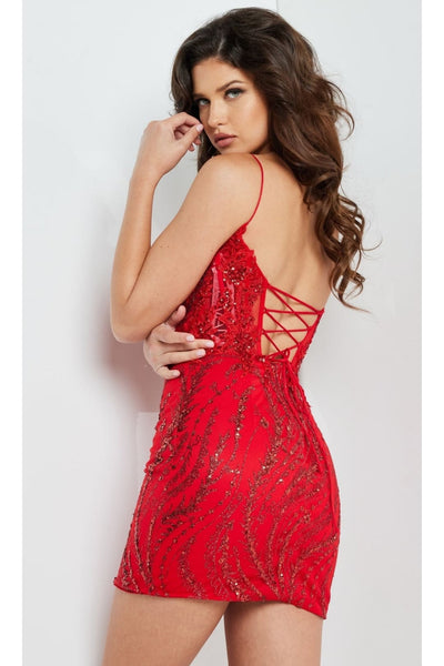 Jovani Lace-Up Short Red Beaded Party Dress 26183 - Apparel & Accessories > Clothing > Dresses