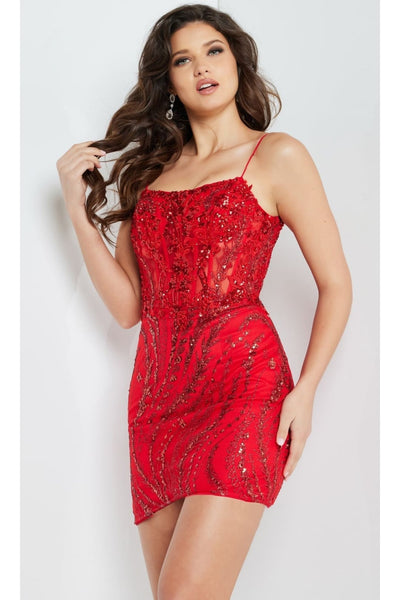 Jovani Lace-Up Short Red Beaded Party Dress 26183 - Apparel & Accessories > Clothing > Dresses