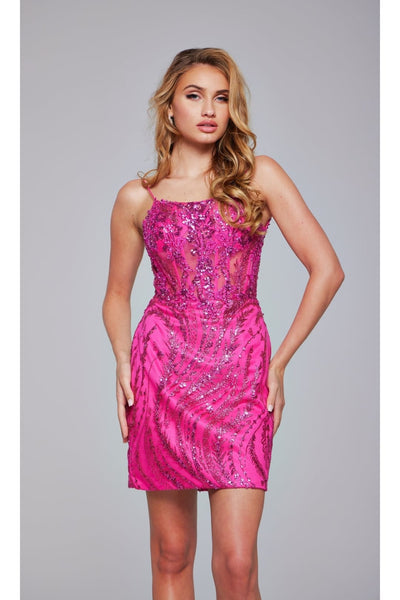 Jovani Lace-Up Short Red Beaded Party Dress 26183 - Fuchsia / 00 - Apparel & Accessories > Clothing > Dresses