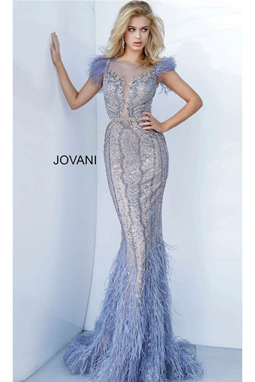 Jovani Light Blue Feather Long Pageant Dress 02326 - Vintage Blue / Apparel & Accessories > Clothing > Dresses