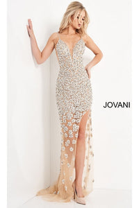 Jovani Long Nude Beaded Sheer Prom Dress 02492 - Nude / Prom