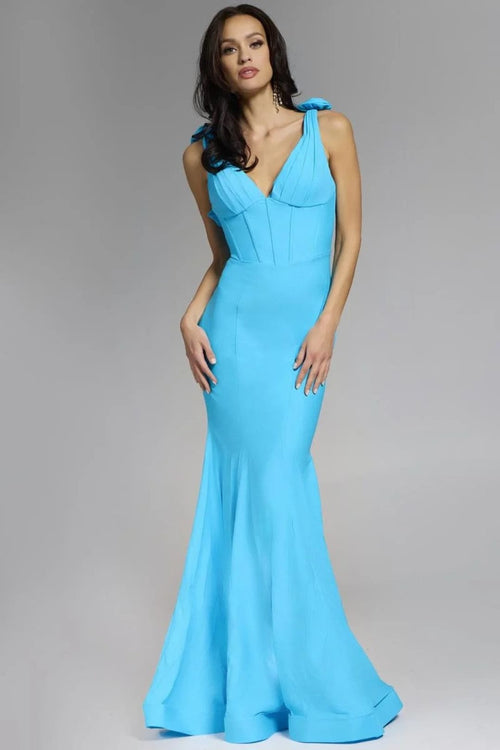 Jovani Long Prom Dress Simple V-Neck Mermaid Formal Evening Gown D5810 - Blue / 00 - Apparel & Accessories > Clothing > Dresses
