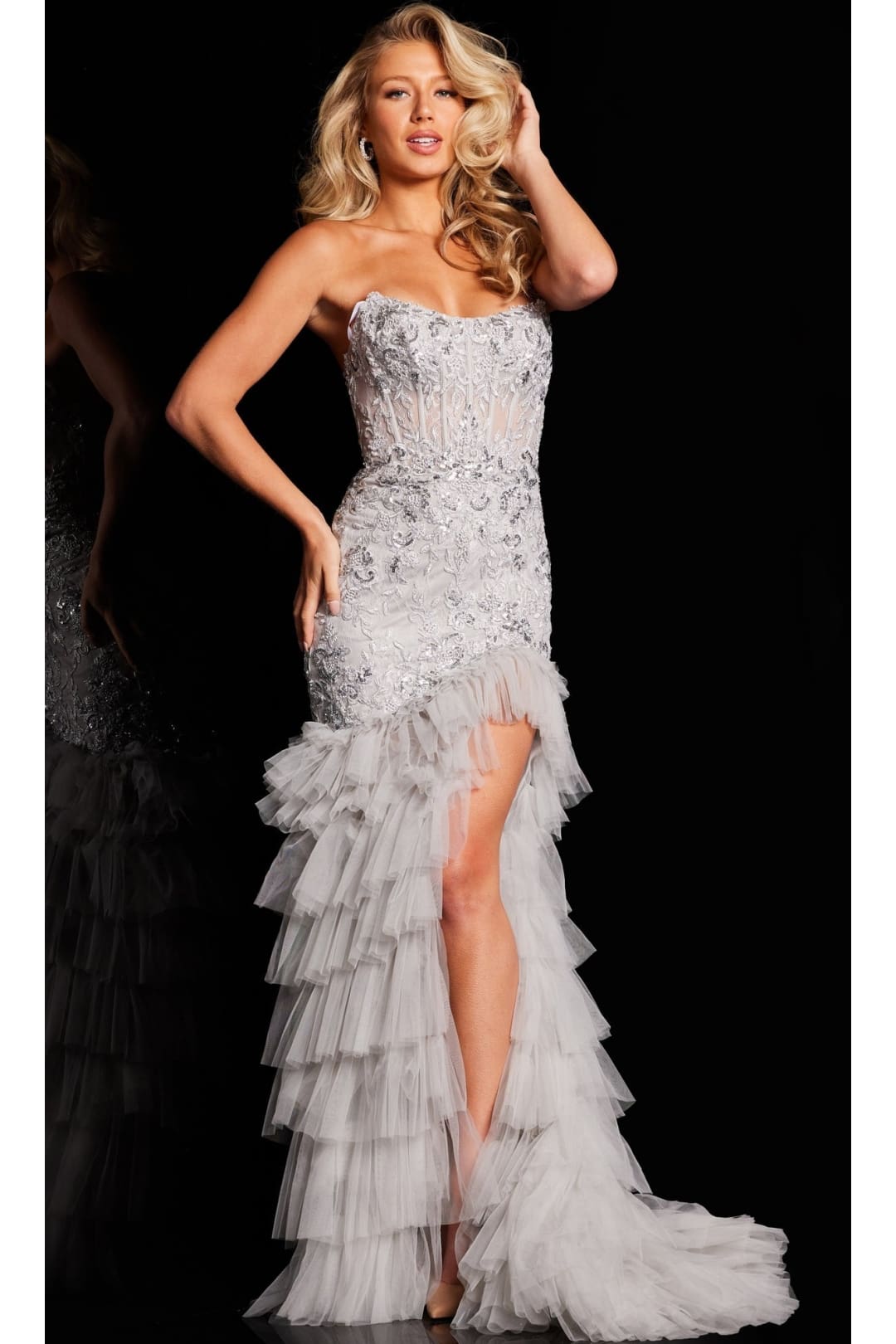 Jovani Long Silver Ruffled Prom Dress 38489 - Apparel & Accessories > Clothing > Dresses