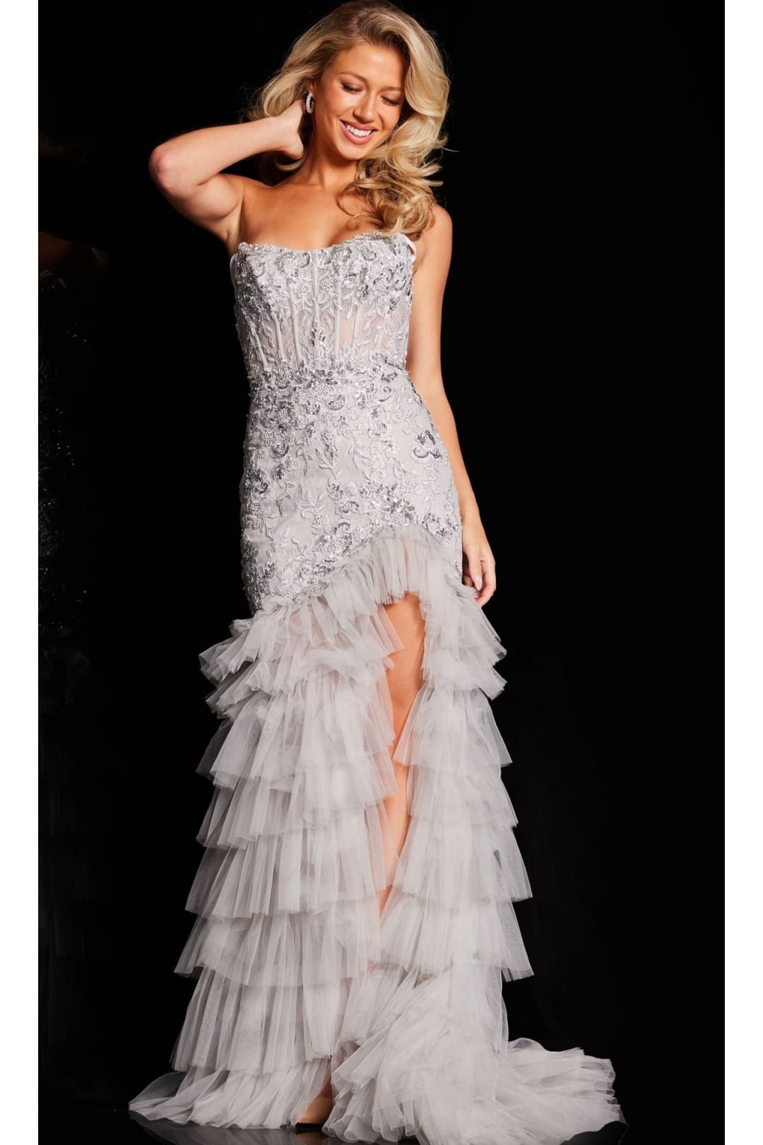 Jovani Long Silver Ruffled Prom Dress 38489 - Apparel & Accessories > Clothing > Dresses