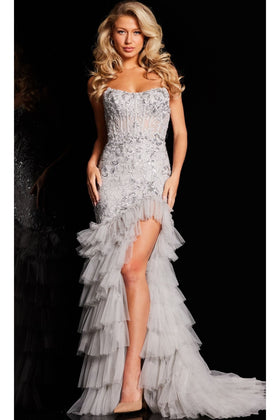 Jovani Long Silver Ruffled Prom Dress 38489
