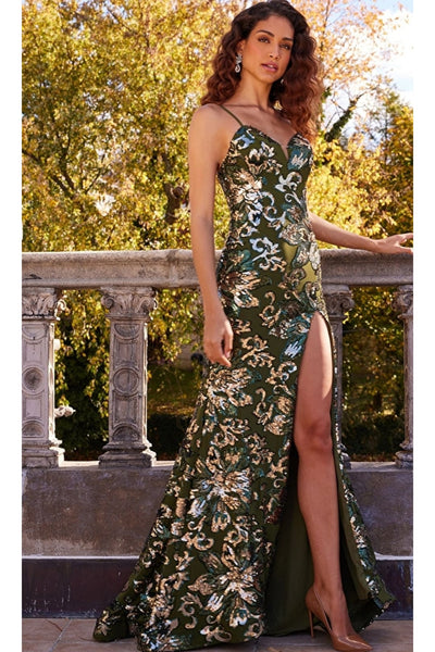 Jovani Long V-Neck Sequin-Print Prom Dress 08459 - Green / Apparel & Accessories > Clothing > Dresses