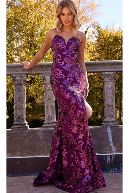 Jovani Long V-Neck Sequin-Print Prom Dress 08459 - Raspberry / Apparel & Accessories > Clothing > Dresses