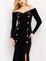 Jovani - M3285 Off-Shoulder Velvet Dress with Knee-Length Hem