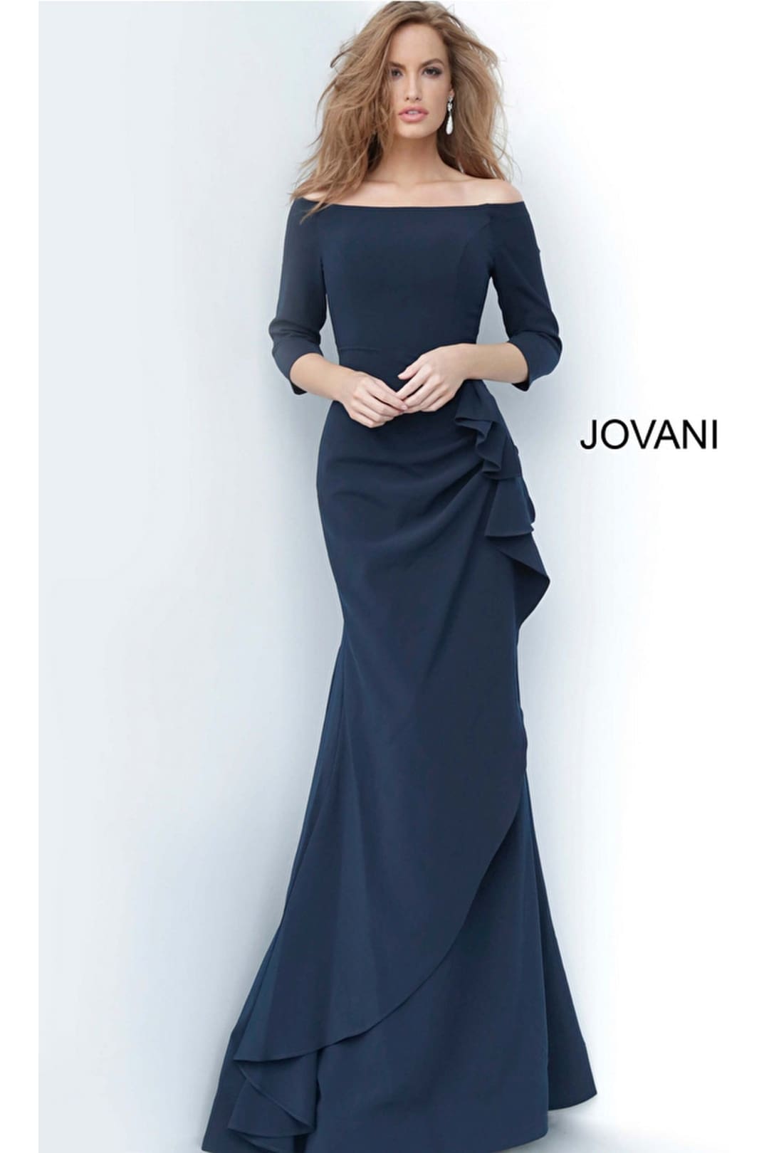 Jovani Off-Shoulder 3/4-Sleeve Side-Ruffle Gown, Blue, Women's, 14, Evening Formal Gala Gowns Mother of the Bride Groom 3/4 & Elbow-Sleeve Gowns