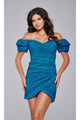 Jovani Off-Shoulder Short Sleeve Hoco Dress 39014 - Turquoise / 00 - Apparel & Accessories > Clothing > Dresses