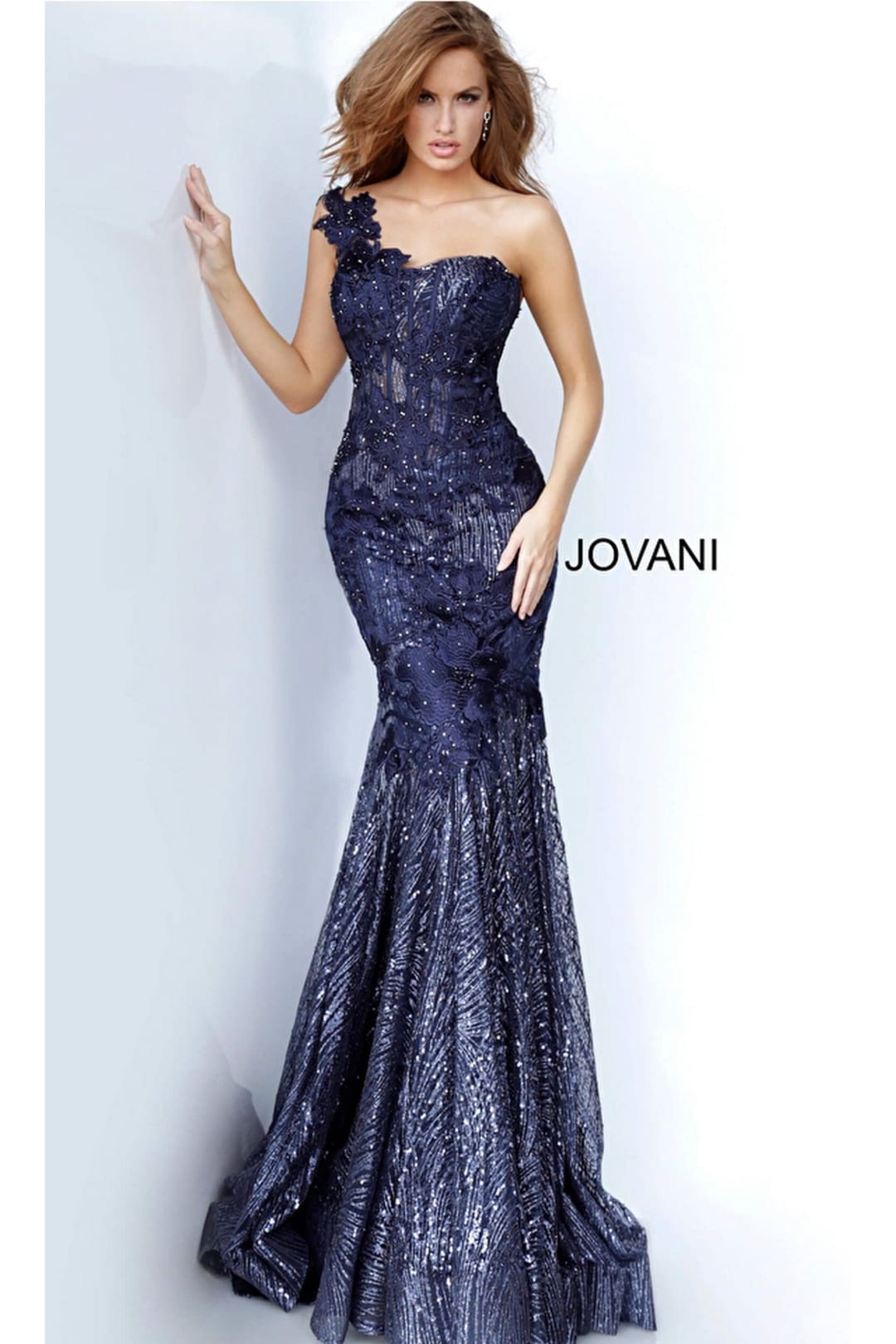Jovani One-Shoulder Glitter Long Prom Dress 02445 - Navy / Prom