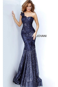 Jovani One-Shoulder Glitter Long Prom Dress 02445 - Navy / Prom