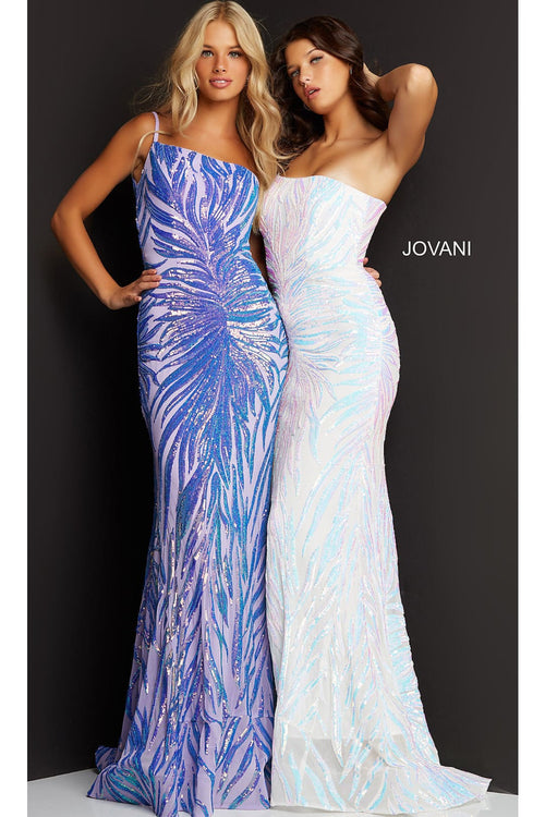 Jovani-Jovani One-Shoulder Long Sequin-Print Prom Dress