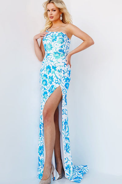 Jovani One-Shoulder Long Sequin Prom Dress 08256 - Ivory/Blue / Prom