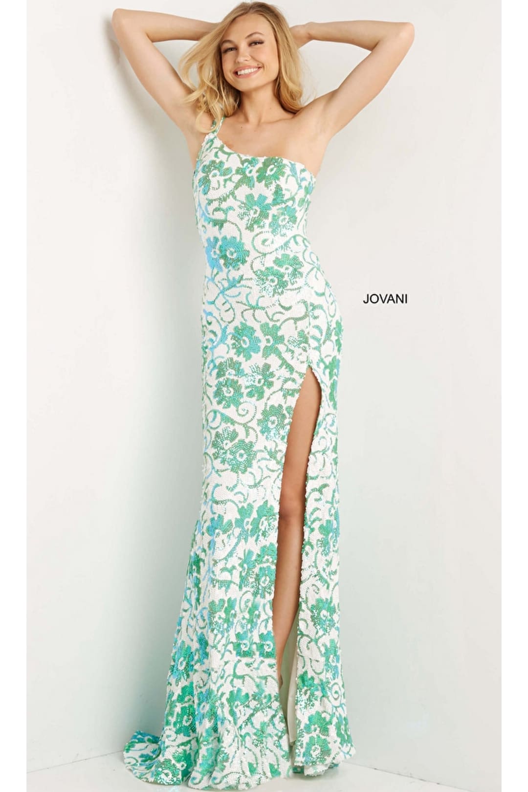 Jovani One-Shoulder Long Sequin Prom Dress 08256 - Ivory/Emerald / Prom
