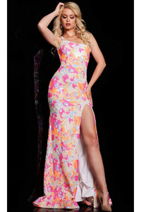 Jovani One-Shoulder Sequin-Print Prom Dress 26131 - Orange/Fuschia / Prom