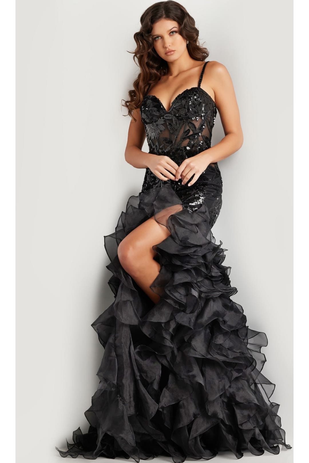 Jovani Organza-Ruffle Long Sequin Prom Dress 38358 - Black / Apparel & Accessories > Clothing > Dresses