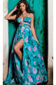 Jovani Pleated Long Floral-Print Prom Dress 38638 - Blue/Multi / Apparel & Accessories > Clothing > Dresses