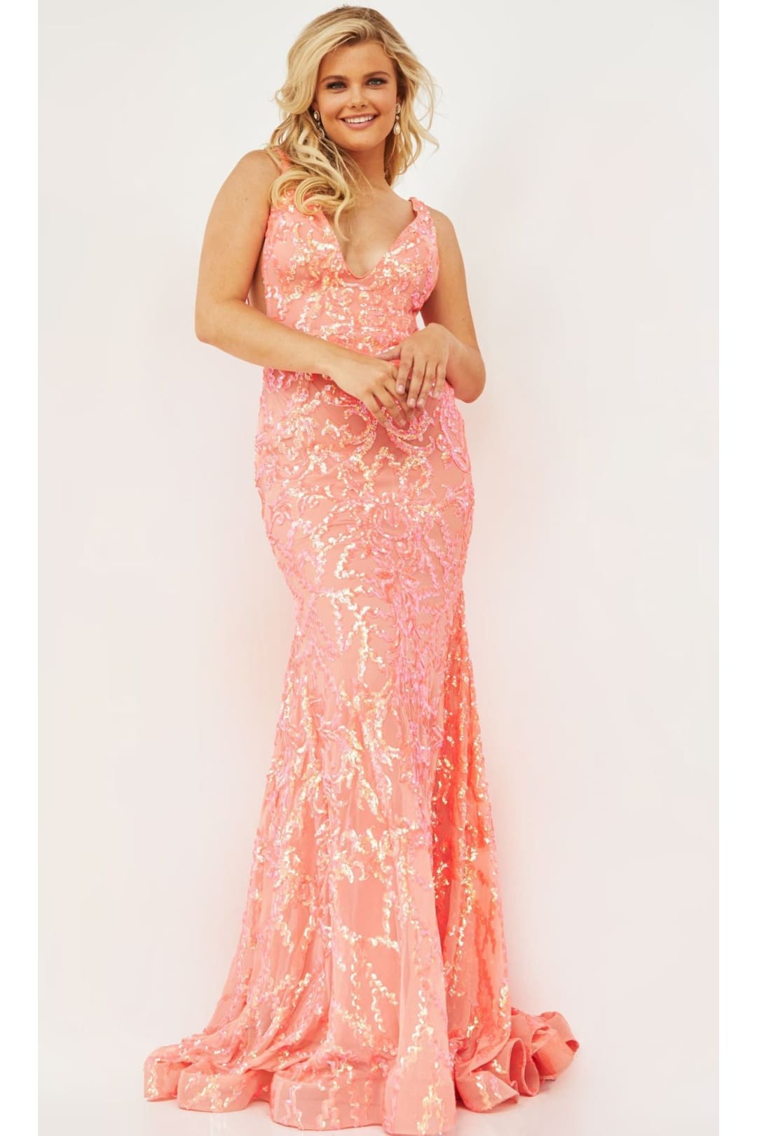 Jovani Plus-Size Sequin Prom Dress with Train - Iridescent Coral / 16 - Prom