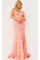 Jovani Plus-Size Sequin Prom Dress with Train - Iridescent Coral / 16 - Prom