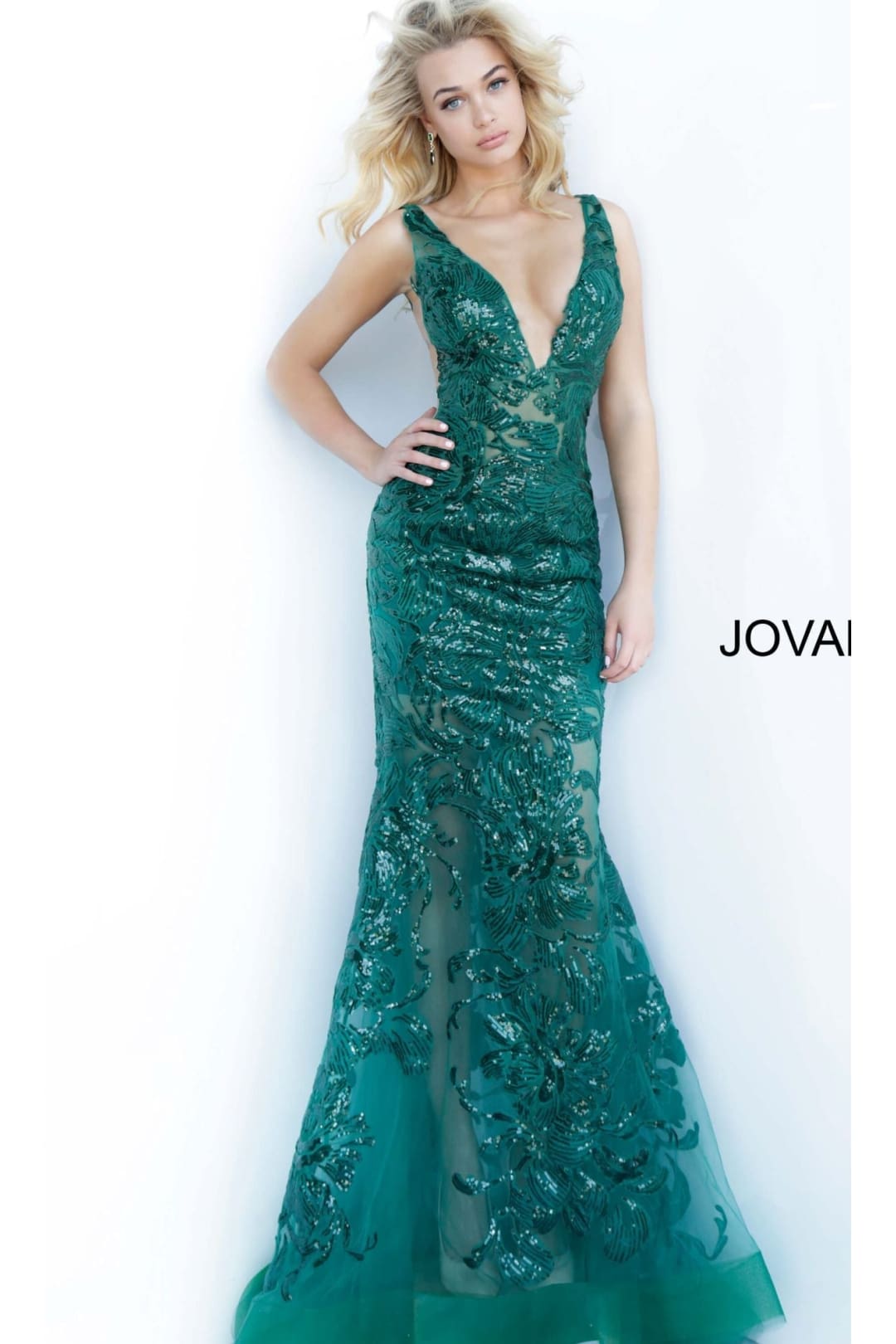 Jovani Plus-Size Sheer Prom Dress with Sequins - Forest / 16 - Prom