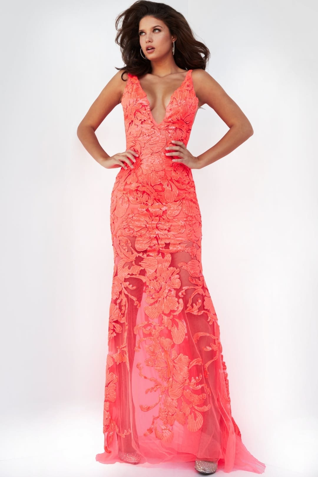 Jovani Plus-Size Sheer Prom Dress with Sequins - Tangerine / 16 - Prom