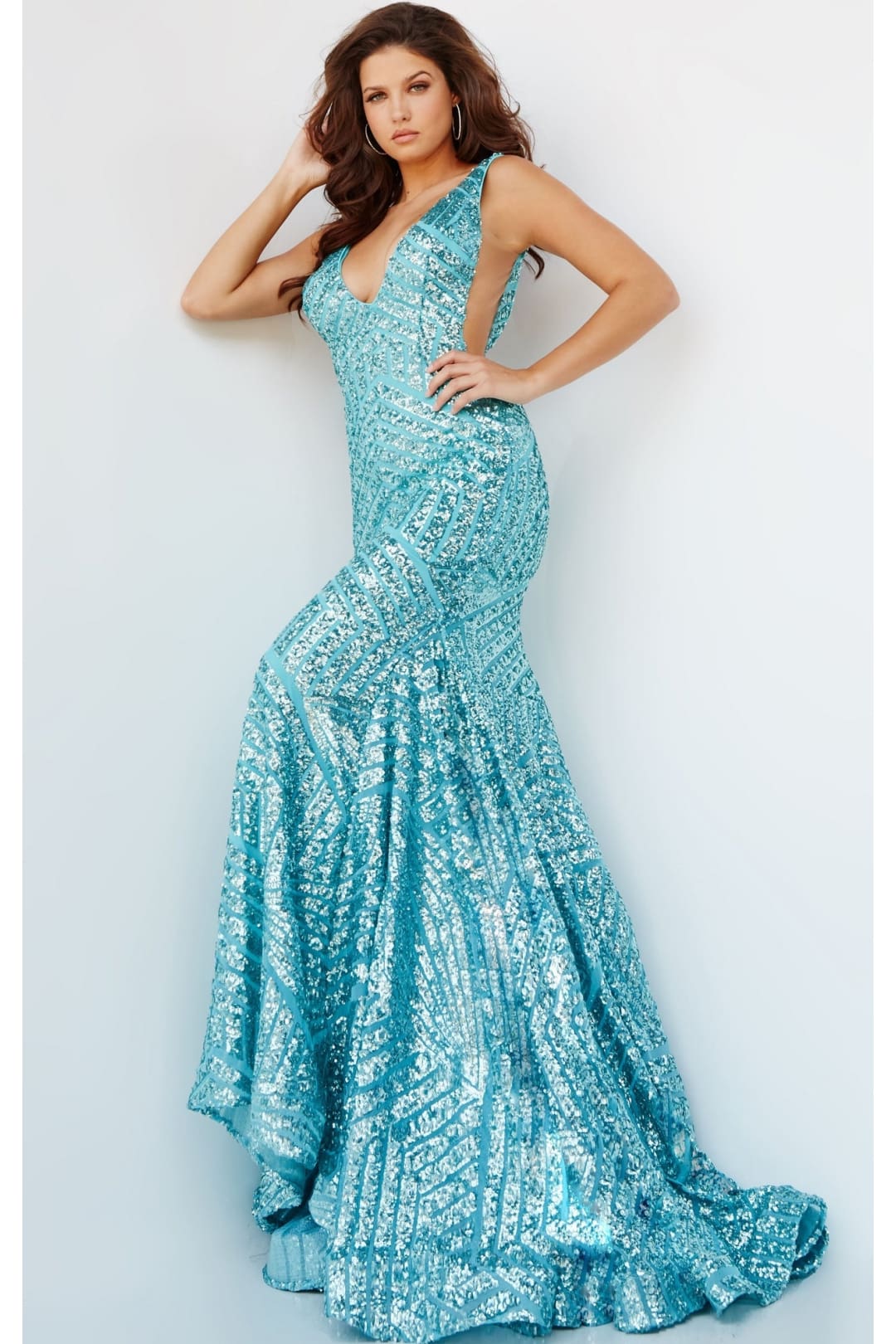 Jovani Prom Dress with Striped Sequin Pattern - Aqua / Apparel & Accessories > Clothing > Dresses