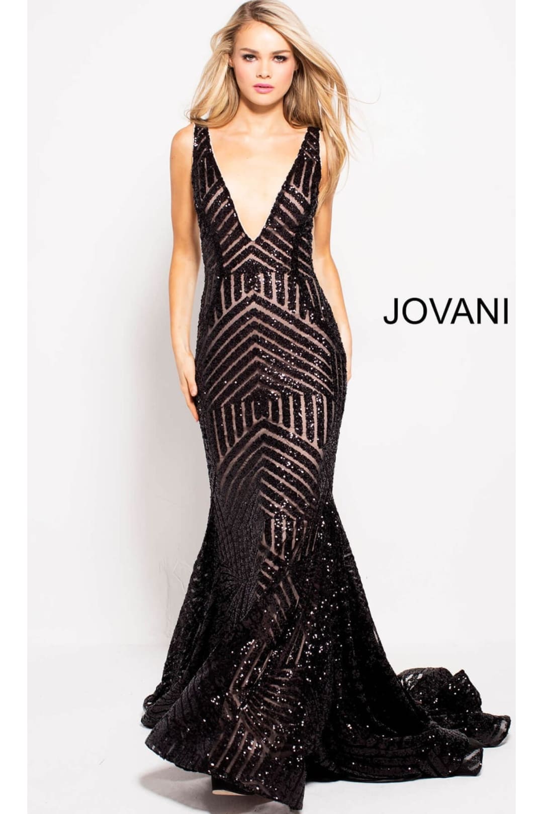Jovani Prom Dress with Striped Sequin Pattern - Black/Nude / Apparel & Accessories > Clothing > Dresses
