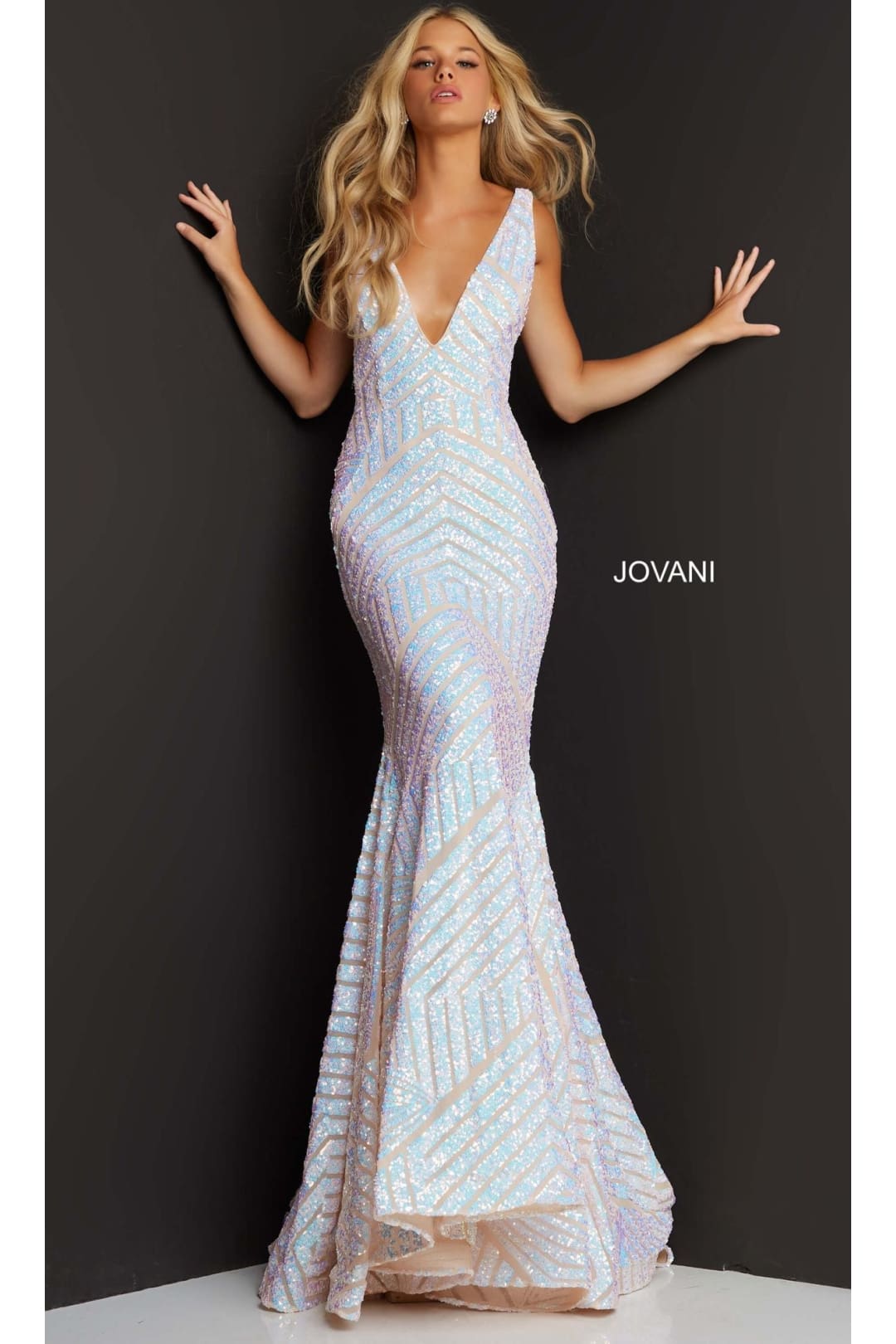 Jovani Prom Dress with Striped Sequin Pattern - Blush/Nude / Apparel & Accessories > Clothing > Dresses