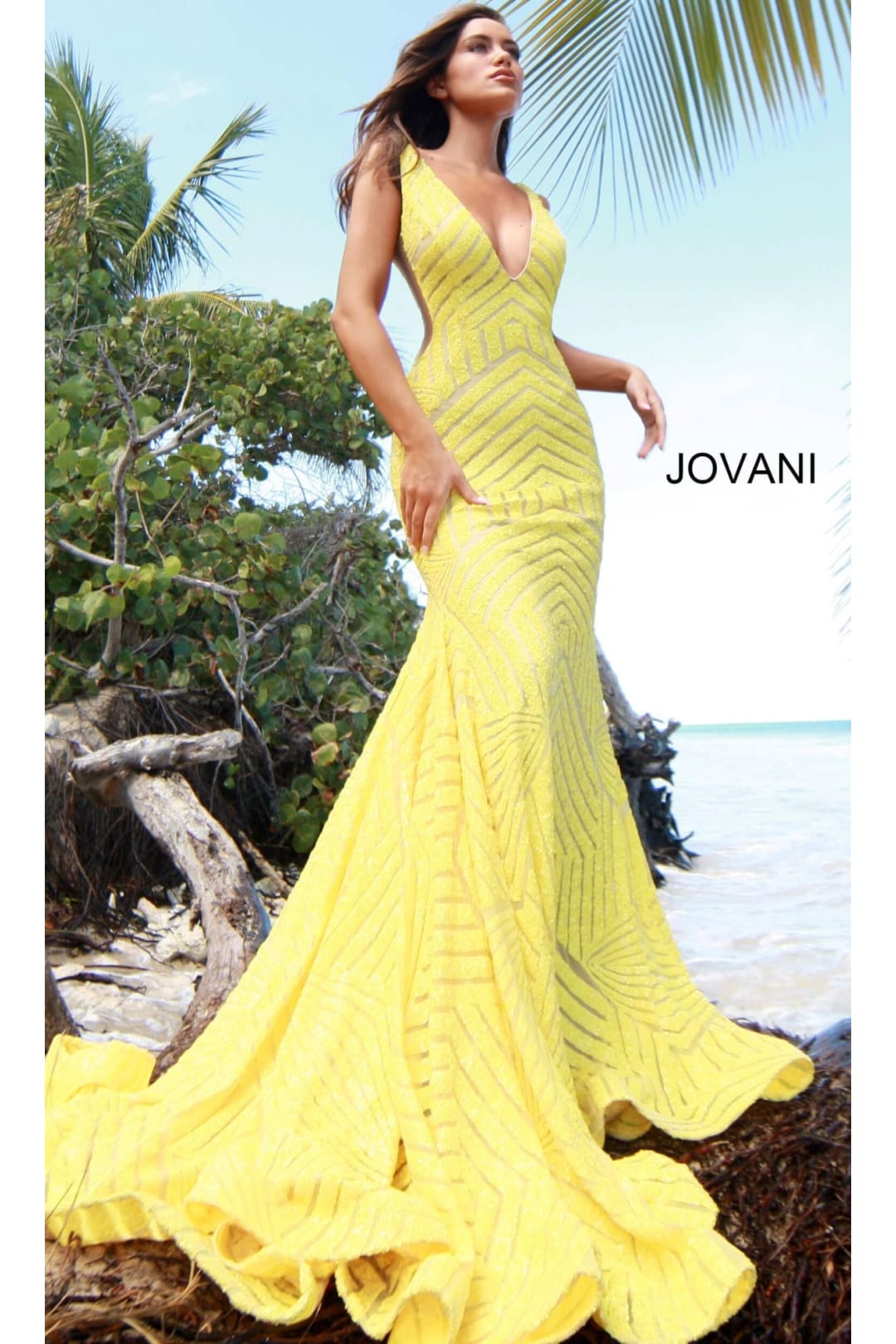Jovani Prom Dress with Striped Sequin Pattern - Bright Yellow / Apparel & Accessories > Clothing > Dresses