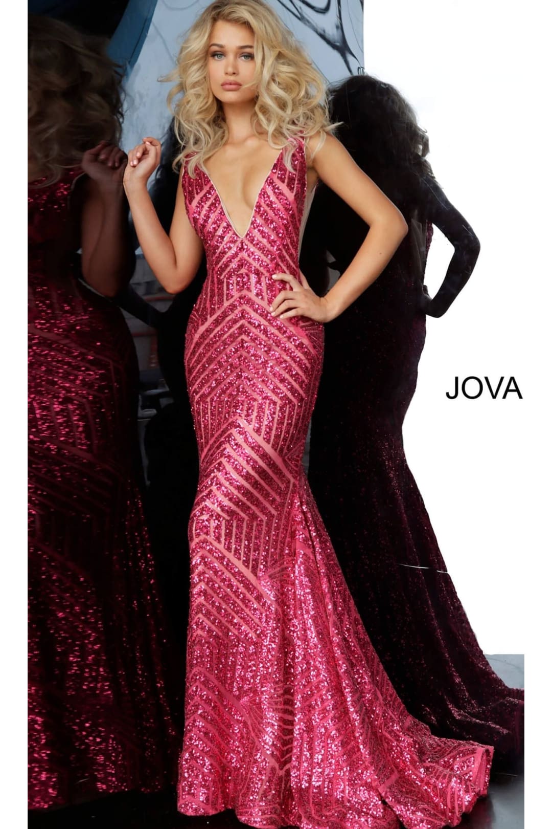 Jovani Prom Dress with Striped Sequin Pattern - Fuchsia / Apparel & Accessories > Clothing > Dresses