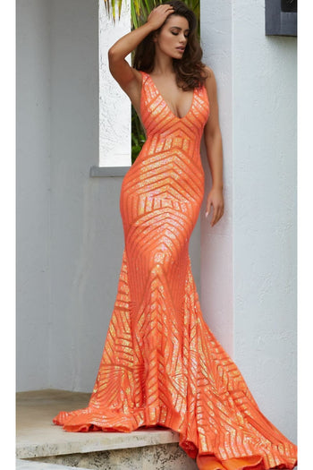 Jovani Prom Dress with Striped Sequin Pattern - Neon Orange / Apparel & Accessories > Clothing > Dresses