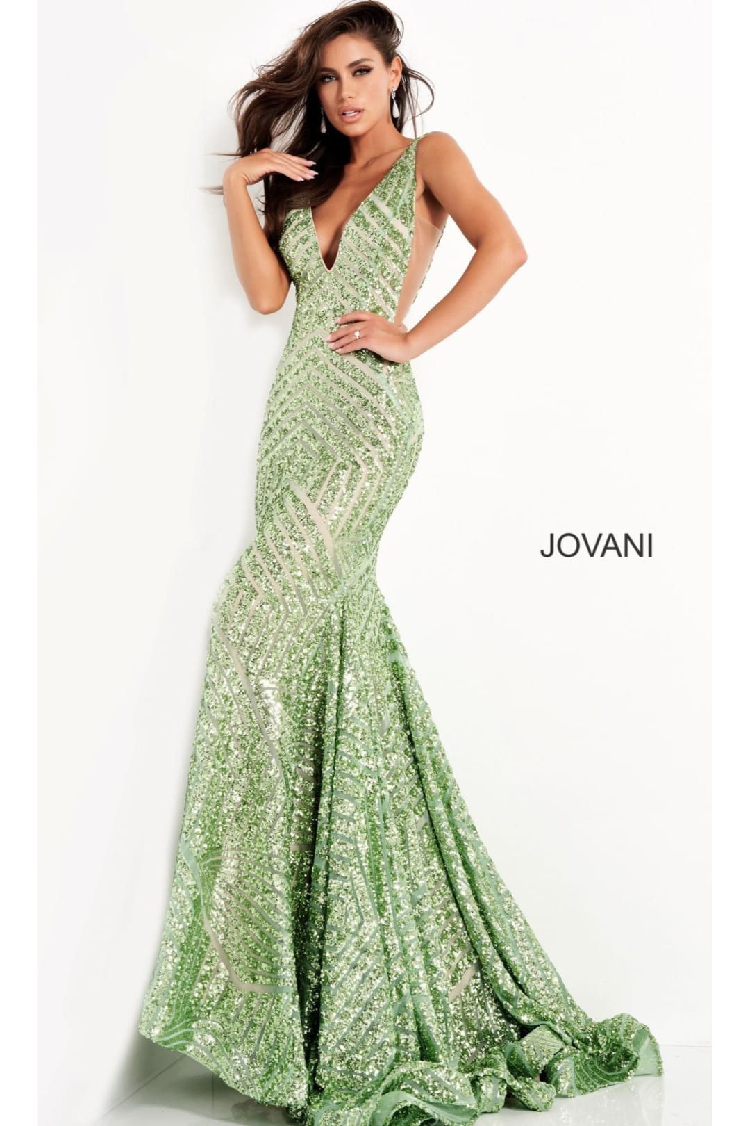 Jovani Prom Dress with Striped Sequin Pattern - Pale Green / Apparel & Accessories > Clothing > Dresses