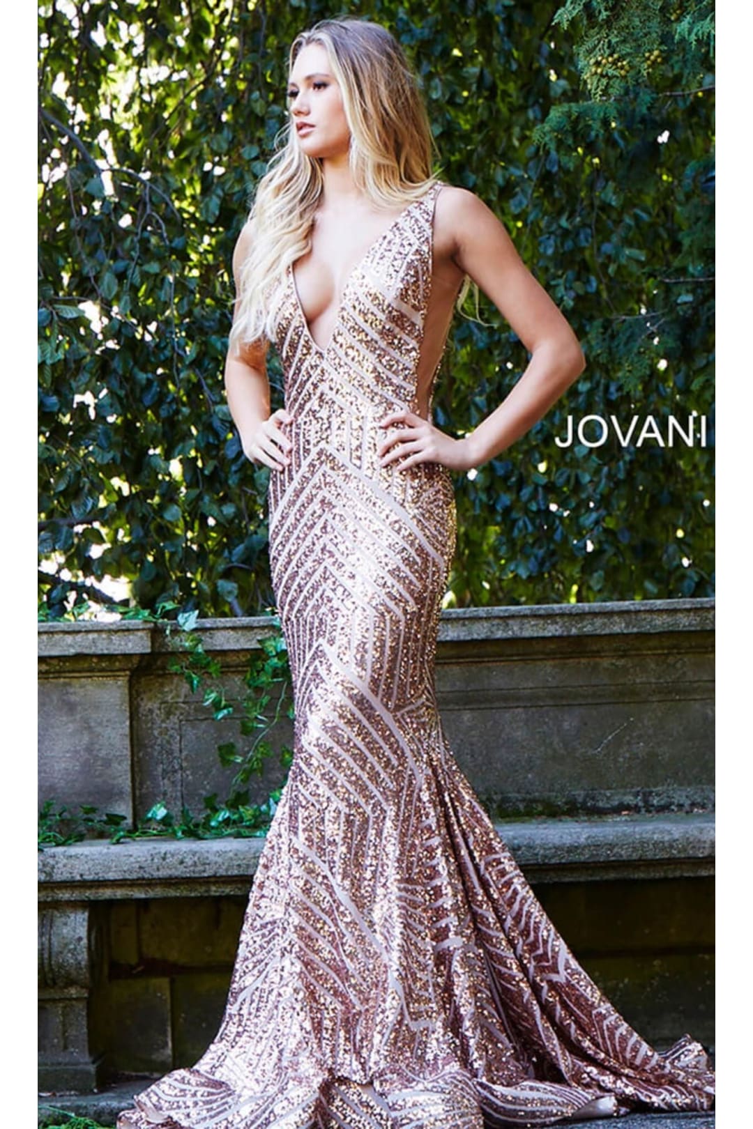 Jovani Prom Dress with Striped Sequin Pattern - Rose Gold / Apparel & Accessories > Clothing > Dresses
