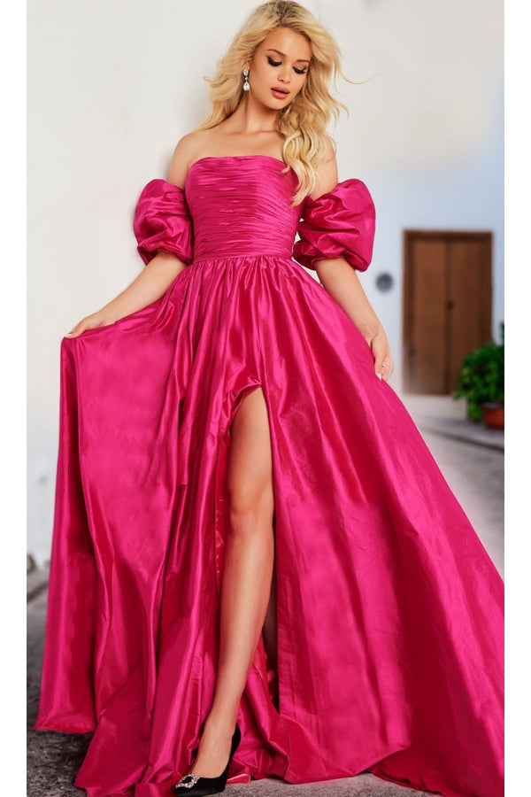 Jovani Puff-Sleeve Long Prom Ball Gown 24099 - Fuchsia / Apparel & Accessories > Clothing > Dresses