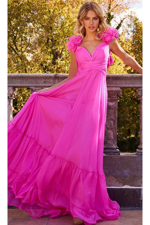 Jovani Ruffled-Bodice Long Tiered Prom Dress 23322 - Hot Pink / Apparel & Accessories > Clothing > Dresses