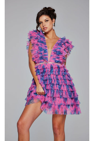 Jovani Ruffled Short Print Homecoming Dress 50069 - Fuchsia/Print / 00 - Apparel & Accessories > Clothing > Dresses