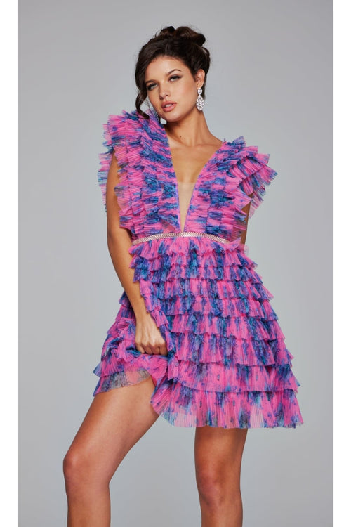 Jovani Ruffled Short Print Homecoming Dress 50069 - Fuchsia/Print / 00 - Apparel & Accessories > Clothing > Dresses