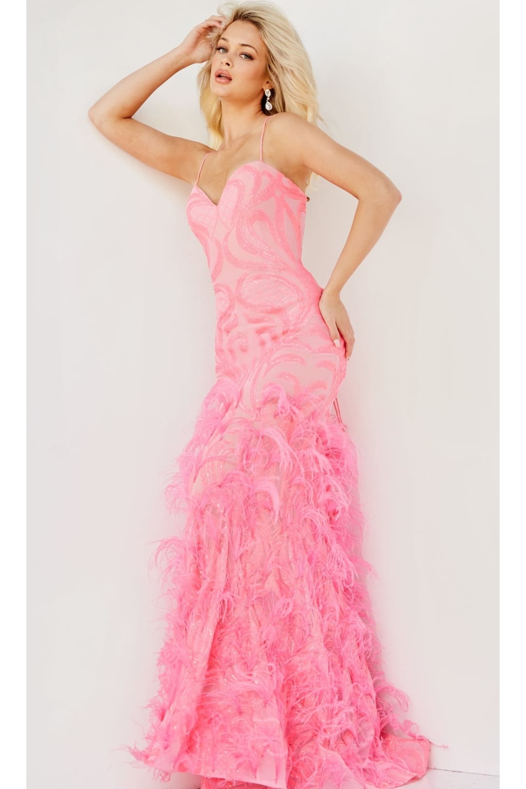 Jovani Sequin-Print Long Feather Prom Dress 07425 - Hot Pink / Prom