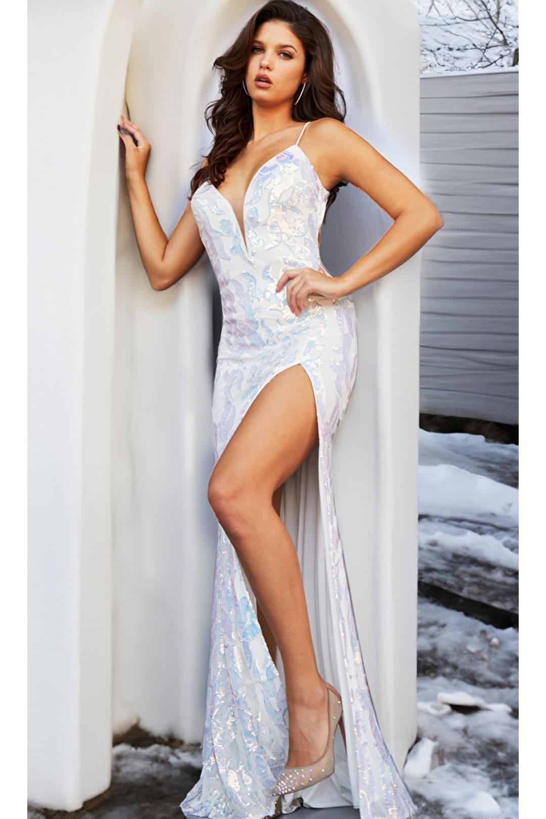 Jovani Sequin-Print Sexy Long Prom Dress 08235 - Ivory / Apparel & Accessories > Clothing > Dresses